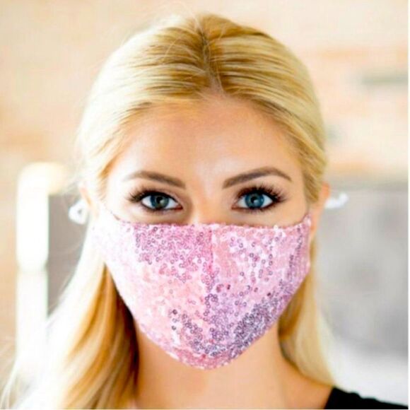 New Dressy Pink Sequin Gauze Face Mask With Filter Pocket - Picture 1 of 7